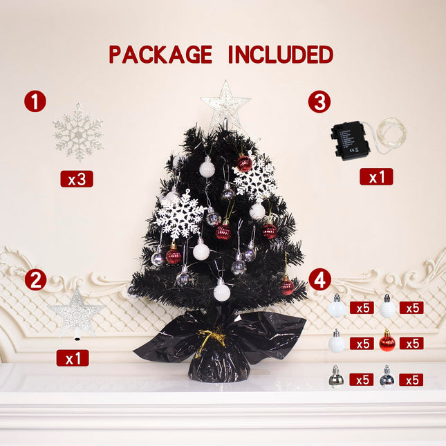 Senjie 23 Inch Mini Christmas Tree with LED Lights and Ornaments for DIY Christmas Decoration, Black