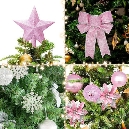 Christmas Tree Decoration Set, 88 Pcs Pink Christmas Ornaments Set with Pink White Christmas Ornaments Balls,Christmas Glitter Poinsettia Flowers,Glitter Berries Stems, Snowflakes, Bow for Christmas