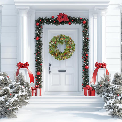 18Inch Christmas Wreath, Artificial Prelit Christmas Wreath with Lights for Door, Battery Operated Lighted Indoor Christmas Wreath