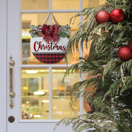 Christmas Sign for Front Door Wall Decor - Walasis Merry Christmas Signs Hanging for Indoor with Buffalo Plaid Bow Farmhouse 12 inch Red Xmas Wreath Hanger Decorations
