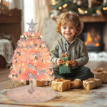 Mini Christmas Tree with Lights, 24inch/2ft Tabletop Artificial Pink Christmas Tree with Tree Skirt Led String Light for Home Office Party Christmas Decoration with Star Pearl Christmas Bells