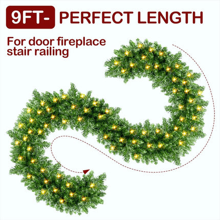 2 Pack 9FT Prelit Christmas Garland Artificial Pine Garland Decoration 50LED Battery Operated Warm Lights and Timer Xmas Garlands Decor Indoor Outdoor (Classic Green)