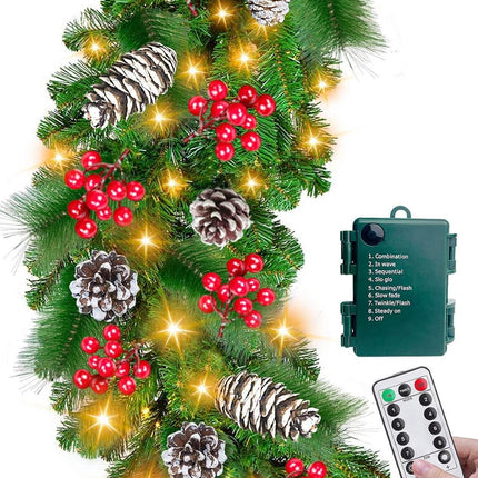 Remote Control&Timer 8 Modes-9 Ft by 10 Inch Prelit Christmas Garland Decorations 50 Warm White Lights Lighted Cedar Garland 300 Branch 198 Red Berries 18 Pinecone Mantle Xmas Garland Christmas Decor