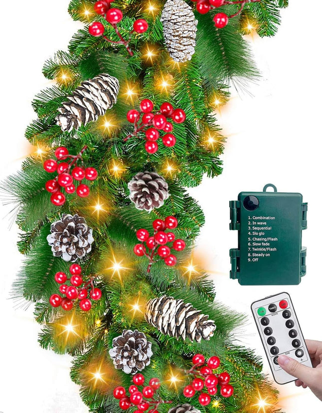 Remote Control&Timer 8 Modes-9 Ft by 10 Inch Prelit Christmas Garland Decorations 50 Warm White Lights Lighted Cedar Garland 300 Branch 198 Red Berries 18 Pinecone Mantle Xmas Garland Christmas Decor