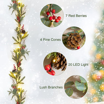 Ethlomoer 6.7FT Prelit Christmas Garland with Lights, Battery Operated Lighted Garland for Mantle Stairs Wall with Timer/Pinecone/Berriy, Indoor&Outdoor Green Pine Garland for Christmas Decorations