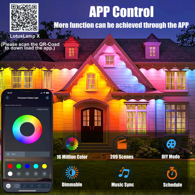 Permanent Outdoor Lights, 50ft Smart RGB LED Eaves Lights with APP Control, Waterproof for Christams, Wedding, Patry, Outdoor Decorations - 30LEDs