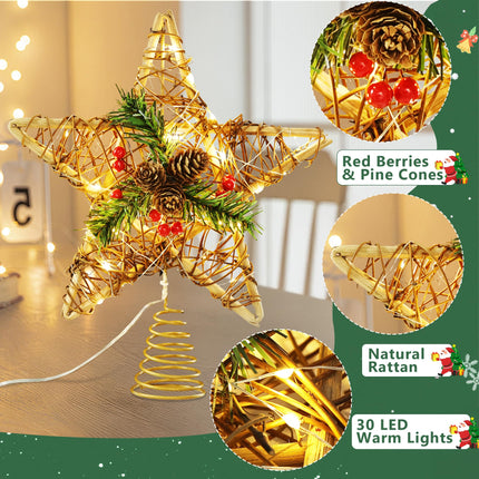 Brizled Christmas Tree Star, 10'' Rattan Christmas Tree Topper with 30 LED Lights, Battery Powered Xmas Treetop with Red Berries & Pine Cones, Christmas Tree Top Ornament for Christmas Tree Home Decor