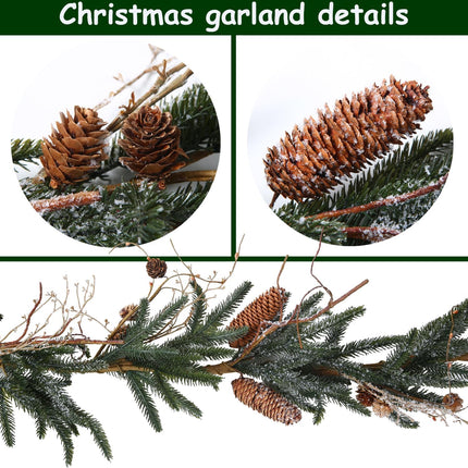 6FT Pine Needles & Pinecones Covered in Snow Artificial Christmas Garland, Winter Garlands for Table, Mantle, Fireplace Stairs, Christmas Decoration (Green with Snow)