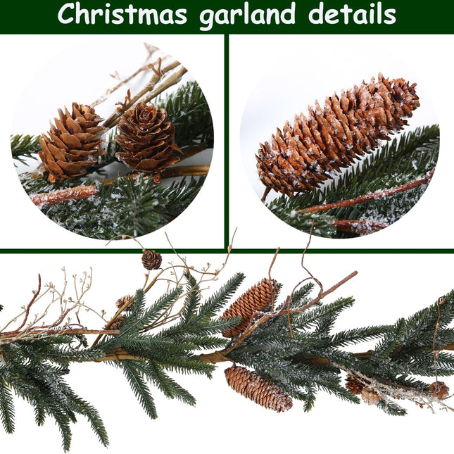 6FT Pine Needles & Pinecones Covered in Snow Artificial Christmas Garland, Winter Garlands for Table, Mantle, Fireplace Stairs, Christmas Decoration (Green with Snow)