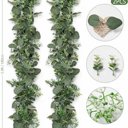 SOMYTING 2PCS 6FT Artificial Mixed Eucalyptus Leaves Garland Faux Silver Dollar Eucalyptus with White Seeds Greenery Vines for Wedding Arch Backdrop Table Mantel Christmas Indoor Outdoor Decor