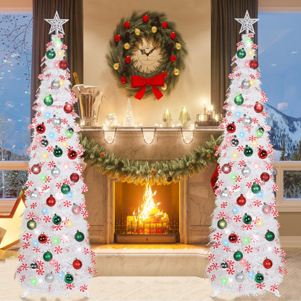HMASYO 5 FT Pop Up Candy Cane Christmas Tree with Timer Lights and Decorations, Tinsel Christmas Tree with Candy and 24 Balls Ornament, Collapsible Pencil Tree Xmas Decoration for Home, Office, Party