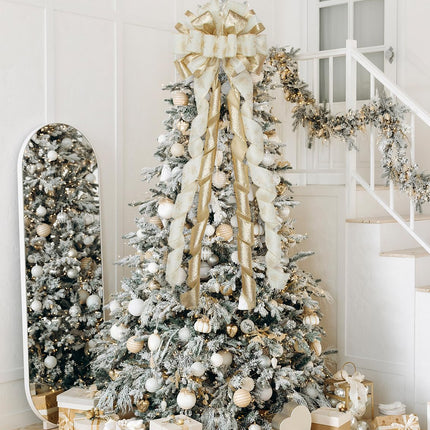 Champagne/White Christmas Tree Topper Bow, 53"x 13" Large Handmade Decorative Bows with Long Streamer Glitter Snowflake Wired Ribbon for Christmas Tree Home Decoration