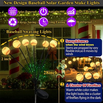 Christmas Decorations Solar Garden Lights Outdoor,2Pack 12LED Baseball Decor Swaying Firefly Lights Waterproof Solar Christmas Pathway Lights for Outside Patio Yard Lawn Walkway Decorations