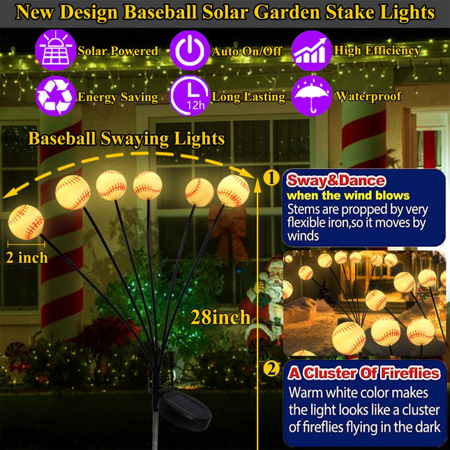 Christmas Decorations Solar Garden Lights Outdoor,2Pack 12LED Baseball Decor Swaying Firefly Lights Waterproof Solar Christmas Pathway Lights for Outside Patio Yard Lawn Walkway Decorations