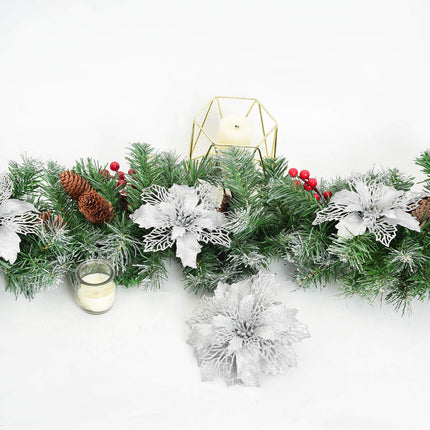 DearHouse 20Pcs Christmas Poinsettia Flowers with 20pc Sticks, Artificial Flowers Glitter Poinsettia Christmas Wreath Christmas Tree Ornaments for Christmas Decorations (Silver)
