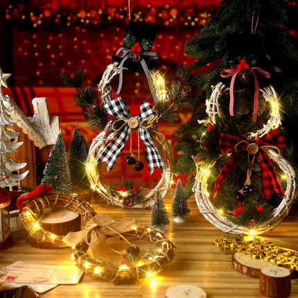 3 Pcs Lighted Christmas Wreath Decoration Grapevine Wreath with Hat Bow Holding Sign Red Berries Pine Cone Vine for Xmas Front Door Home Garden Wall Decor, Batteries Not Included (Snowman)