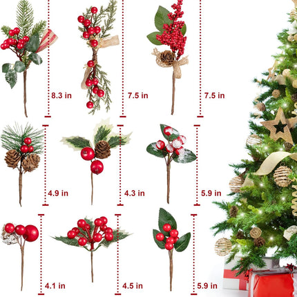 Crafare 15 Pack Small Artificial Christmas Picks 5"-10" Assorted Red Berry Picks Stems Faux Pine Picks Spray with Pinecones for Christmas Floral Arrangement Winter Holiday Season Decoration