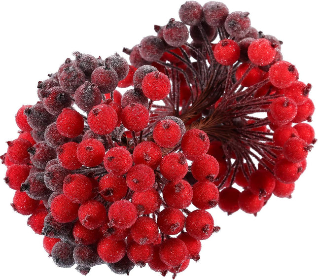 Tatuo 400 Pieces Artificial Frosted Holly Berries Fake 12 mm Mini Christmas Fruit Berry Flower Decor (Red and Dark Red)