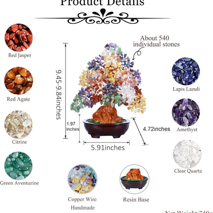 GEHECRST Natural 7 Chakra Gemstones Money Tree Reiki Healing Crystal Stones Bonsai Tree Home Office Feng Shui Decoration for Wealth, Good Luck, Crystal s for Mom Women Christmas