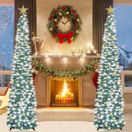 HMASYO 6 FT Pop Up Tinsel Christmas Tree with 100 LED Lights & Remote, Collapsible Artificial Pencil Tree with Snowflake Ornaments Xmas Decoration for Home, Office, Party, USB Powered Timer Lights