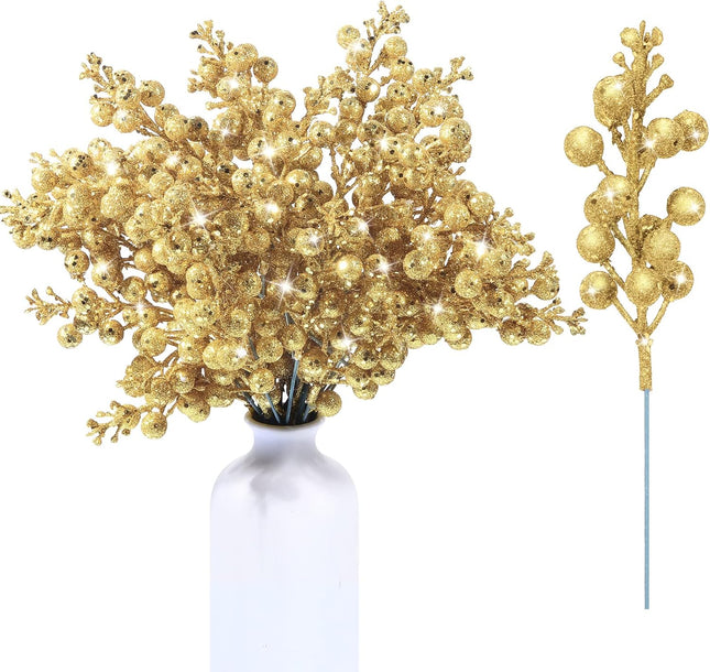 Geosar 36 Pcs Christmas Glittered Berries Stems 7.5 Inch Artificial Berries Sprays Branches Floral Pick for Christmas Tree Ornament, DIY Xmas Wreath, Crafts, Home Decor(Gold,Pure Color)