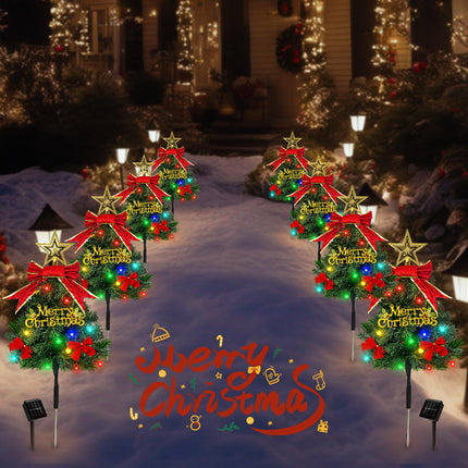 4 Pack Solar Christmas Tree Pathway Lights Outdoor Decorations Waterproof Artificial White Mini Xmas Tree Stake Lights with DIY Ornamets for Garden Yard Decor (Green)