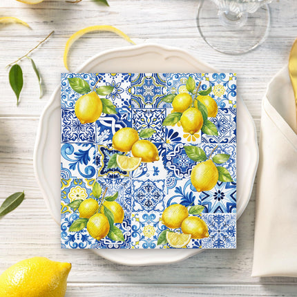 80Pcs Tiles Lemons Paper Napkins Blue Yellow Disposable Napkins Decorative Dinner Napkins Luncheon Napkins for Party Supplies Table Decor