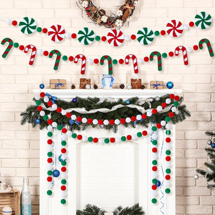 Preboun 5 Pack Christmas Felt Ball Garland Candy Cane Garland Christmas Pom Pom Garland for Christmas Tree Decoration Colourful Felt Ball Candy Hanging Garland Banner for Xmas Holiday WaHome Decor