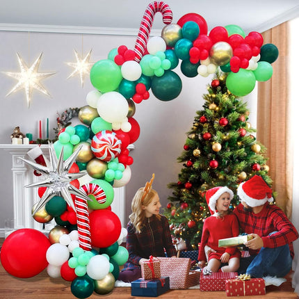 Christmas Balloon Garland Arch Kit with Xmas Red Dark Green White Gold Lime Green Balloon Candy Balloon Cane Balloon Silver Siamese Exploding Star Balloon for Christmas Party Decorations