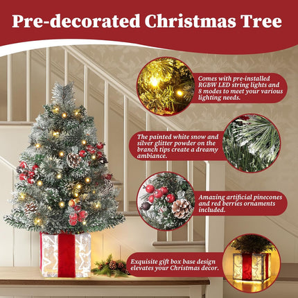 Brightever 2FT Small Christmas Tree, Prelit Mini Christmas Tree with 50 Multi-Color LED Lights, Unique Box Base, Battery Operated Little Xmas Tree for Table Top, Pinecone & Berries Included