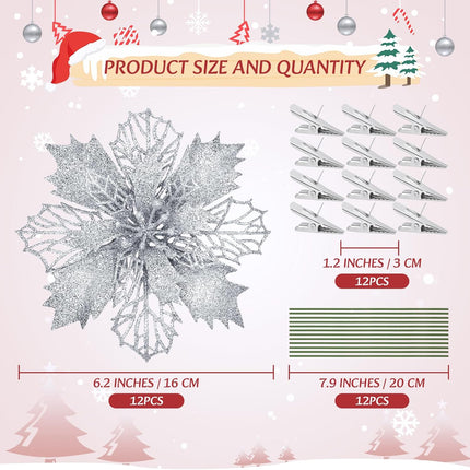 Waipfaru 12 Pcs Poinsettias Artificial Christmas Flowers, Silver Christmas Tree Decorations, White Glitter Christmas Ornaments for Xmas Wreath Garland Winter Wedding Decor
