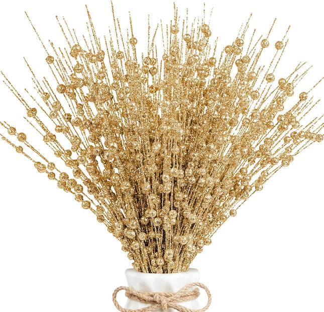 N&T NIETING 20 Pack Artificial Glitter Golden Berries Christmas Decor 15.7 Inchs Christmas Picks Tree Sticks Glitter Sticks for DIY Wreath Crafts Fireplace Holiday Home Decoration Wedding