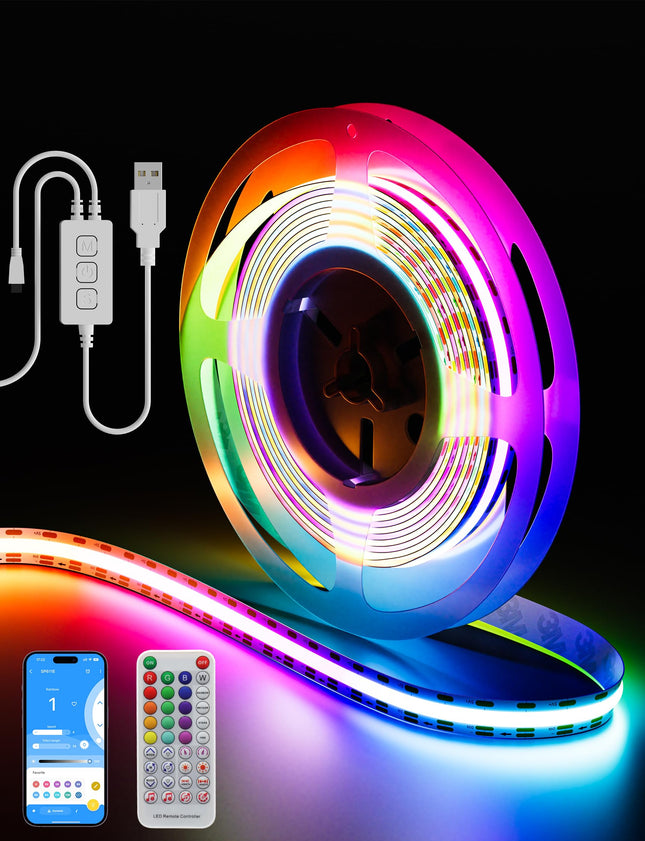 PAUTIX RGB Smart IC COB LED Strip Light Color Chasing,5V USB UL-Listed Multicolor Flexible Tape Light 6.56ft/2m with Music Mode/APP Control,for TV,Bedroom,Party DIY Decoration