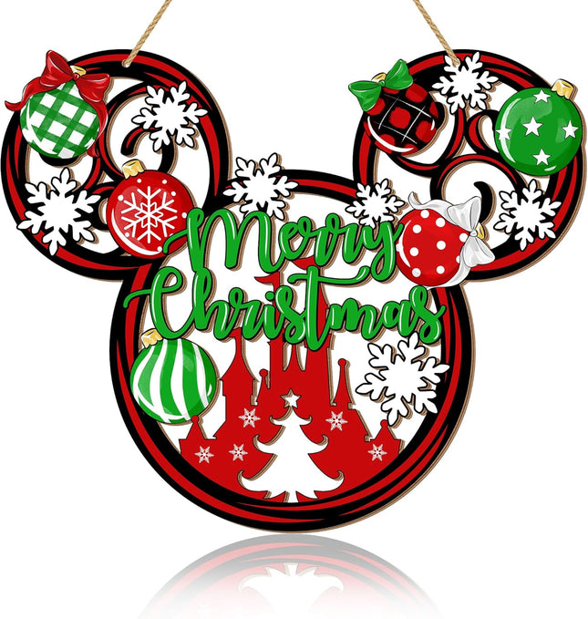 Christmas Mouse Door Sign Decorations, Merry Christmas Wooden Door Hanging Sign Snowflakes Wreath Ornaments for Front Door Decor Christmas Ball Mouse Shaped Winter Wall Xmas Party Holiday Supplies