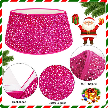 Christmas Tree Collar Hot Pink 23.6 Inches Tree Ring Glitter Christmas Tree Skirt for Winter Holiday Velvet Sequin Xmas Tree Base Collar Rustic Santa Christmas Day Tree Decorations