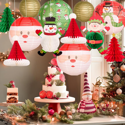 12Pc Gold Red Green Christmas Elf Paper Lantern Decoration Set, 3D Xmas Hat, Santa Claus, Snowman Tissue Paper Honeycomb, Indoor Outdoor Hanging Xmas Tree Star Garland Holiday Party Supply 12, 10, 8''