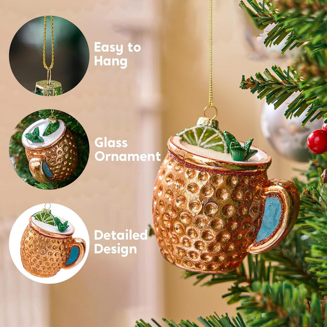 Joiedomi Christmas Cocktail Moscow Mule Glass Ornament, Christmas Drink Glass Blown Ornament for Christmas Tree Decoration, Adult Beverages Ornament for Xmas Holiday Party Favor Indoor Decoration