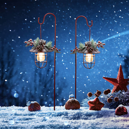 2Pack Solar Christmas Metal Hanging Lanterns with Shepherd Hook Outdoor Led Garden for Christmas Decorations