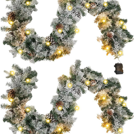 2 Pcs 6ft Frosted Christmas Garland Cedar Garland with 50 Warm White LED Lights Battery Operated with Timer and 8 Functions Pre Lit Artificial Christmas Garland 170 Branches Indoor Outdoor