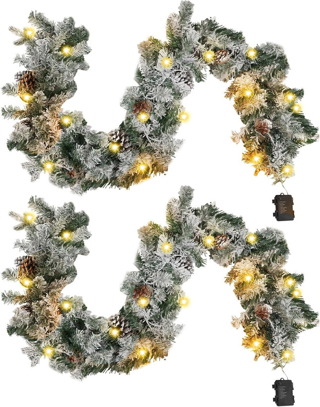 2 Pcs 6ft Frosted Christmas Garland Cedar Garland with 50 Warm White LED Lights Battery Operated with Timer and 8 Functions Pre Lit Artificial Christmas Garland 170 Branches Indoor Outdoor