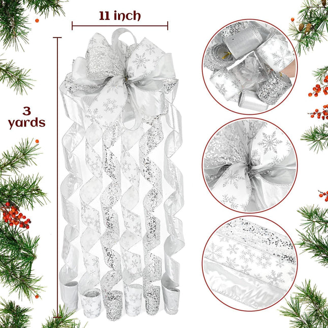 Silver Glitter Christmas Tree Topper Bow 11 inch with 6 Ribbon Tails 3 Yards Elegant Holiday Decoration for Indoor and Outdoor Use Perfect for Family Weddings and Party(Silver Glitter)