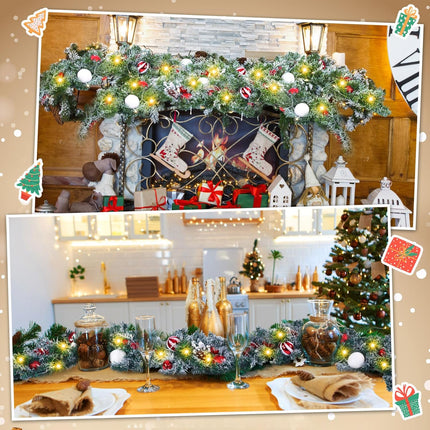 XunYee 18 FT Christmas Garland with Lights Xmas Prelit Garland Battery Operated Mantle Garland Decoration Red White Balls Snow Flocked Greenery Garlands for Front Door Fireplace Table Centerpiece
