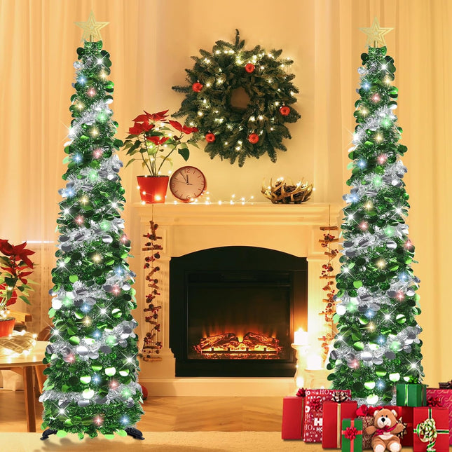 6 FT Pop Up Christmas Tree with Timer Colored Lights, Dual Colored Green Silver Tinsel Christmas Tree, Pencil Tree Collapsible Christmas Tree Xmas Decor for Home, Apartment, Party, Office
