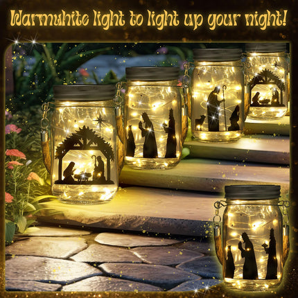 3 Pcs Christmas Nativity Scene Lantern Decorative Nativity Solar Lantern Fairy Hanging Jar Lights Solar for Indoor Outdoor Decorations Holiday Xmas Home Decor
