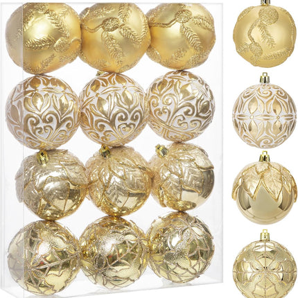 Hollyone 3.15"/80mm Gold Christmas Ball Ornaments 12 Pcs Shatterproof Christmas Tree Relief Ornaments Set Large Hanging Christmas Ornaments Balls for Christmas Wedding Holiday Wreath Home Decorations