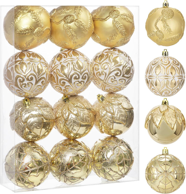 Hollyone 3.15"/80mm Gold Christmas Ball Ornaments 12 Pcs Shatterproof Christmas Tree Relief Ornaments Set Large Hanging Christmas Ornaments Balls for Christmas Wedding Holiday Wreath Home Decorations