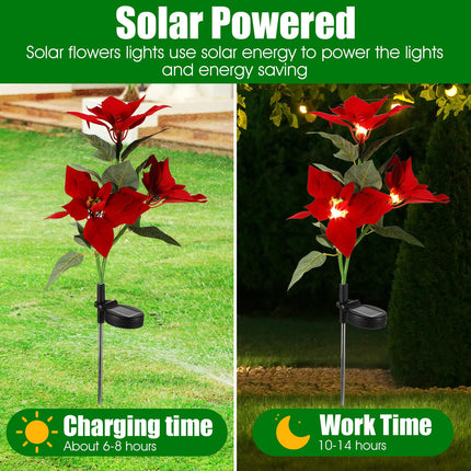 12 Pcs Solar Poinsettia Stakes Lights, IP65 Waterproof Solar Flower Lights Landscape Lighting Simulation LED Lights Suitable for Christmas Pathway Garden Yard Lawn Outdoor Decoration