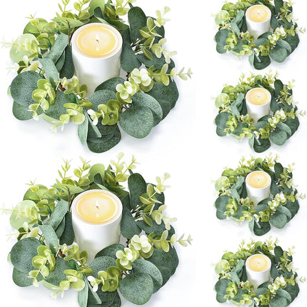 6Pcs Candle Rings, Artificial Eucalyptus Wreath Candles Wreaths, Small Greenery Farmhouse Wreath for Door Wedding Centerpieces Home Party Table Decor, 4" ID / 9.8" OD