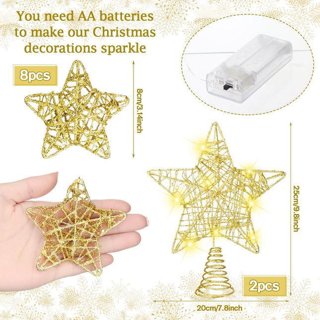 Hiboom 10 Pcs Lighted Christmas Tree Topper Star Decorations 2 Pcs 10'' Hollow Christmas Star and 8 Pcs Star Ornament Battery Operated Christmas Star Build in 20 LED for Holiday Indoor Christmas Decor