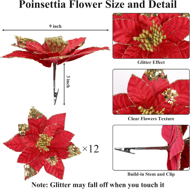 U'Artlines 12 Pcs Large Poinsettias Artificial Christmas Flowers with Clips, 9 Inch Glitter Red Poinsettia Flowers Christmas Decorations for Xmas Tree Year Holiday Wedding Party Ornaments